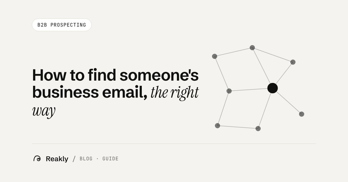 Cover of the Reakly article on how to find someone's business email: a network of connected dots representing contacts